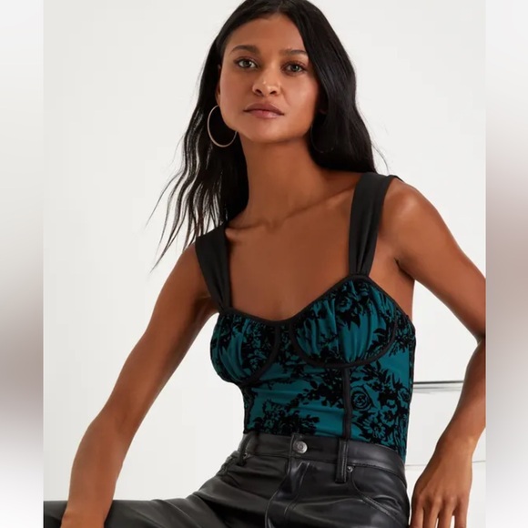 Lulus Tops - Lulus Exceptionally Dramatic Teal Burnout Floral Bustier Bodysuit, Size Small